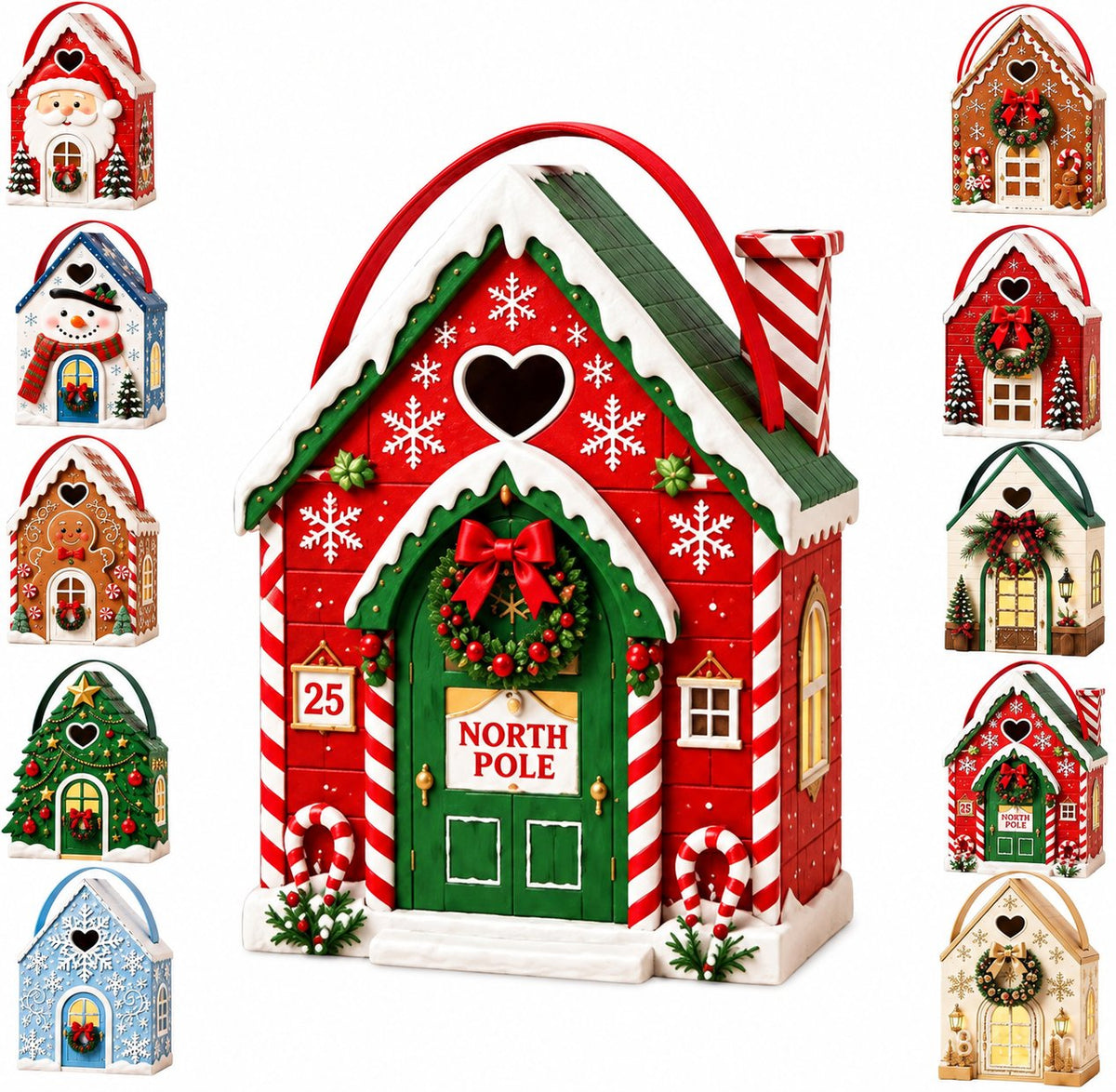 đ Presentask med âChristmas Cottageâ-handtag â festlig 3D-förpackning i form av ett hus för smĂ„ godsaker