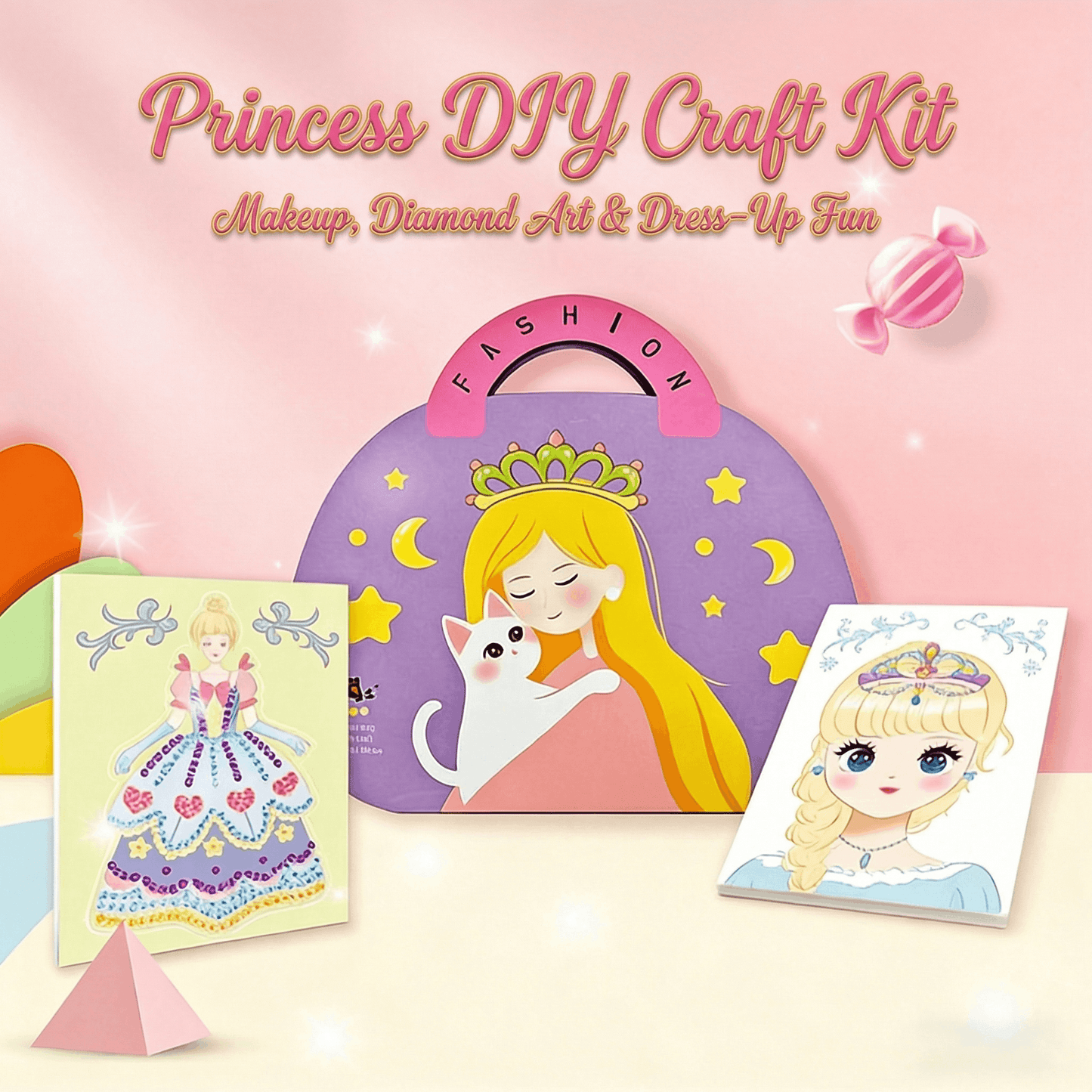 👸Prinsessans DIY-hantverkskit: smink, diamantkonst och klädsel