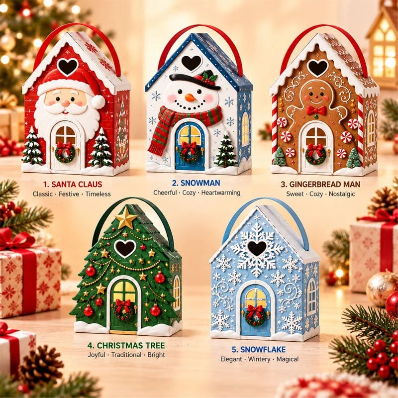 🏠 Presentask med ”Christmas Cottage”-handtag – festlig 3D-förpackning i form av ett hus för små godsaker