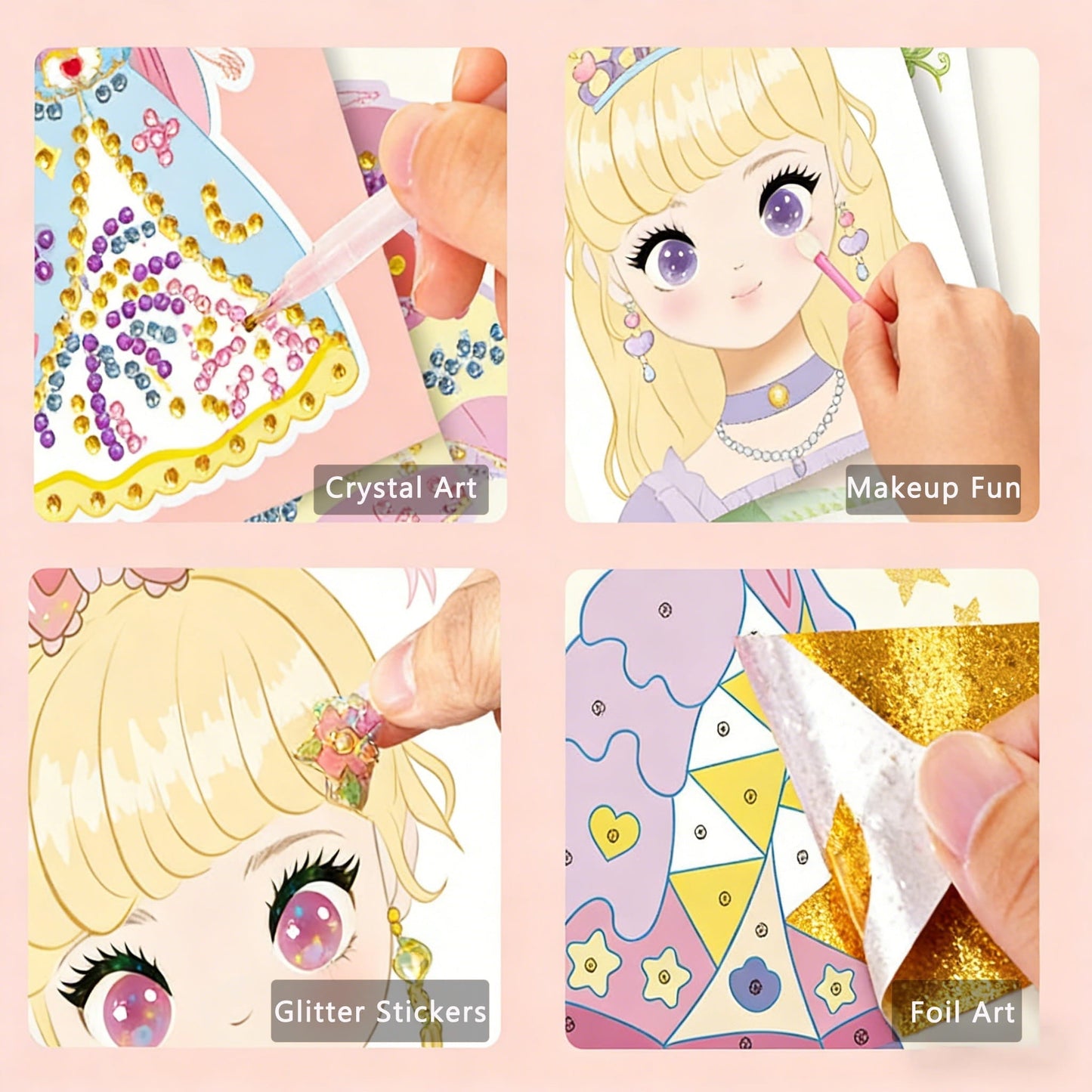 👸Prinsessans DIY-hantverkskit: smink, diamantkonst och klädsel