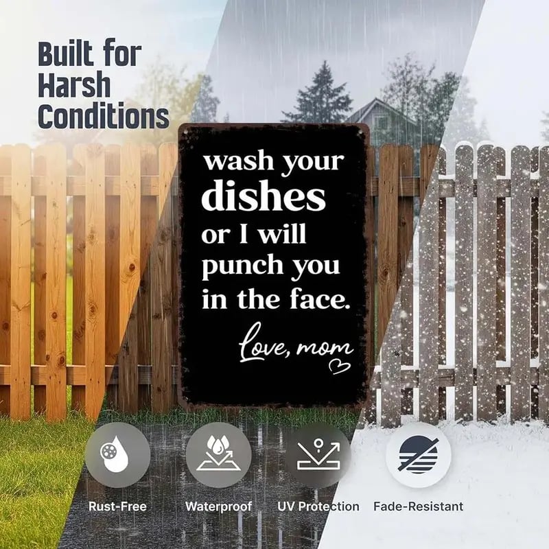 🥊 Rolig metallskylt med texten ”Wash Your Dishes” – Rolig väggdekoration till köket – 20 x 30 cm, vattentät plåt 🍽️