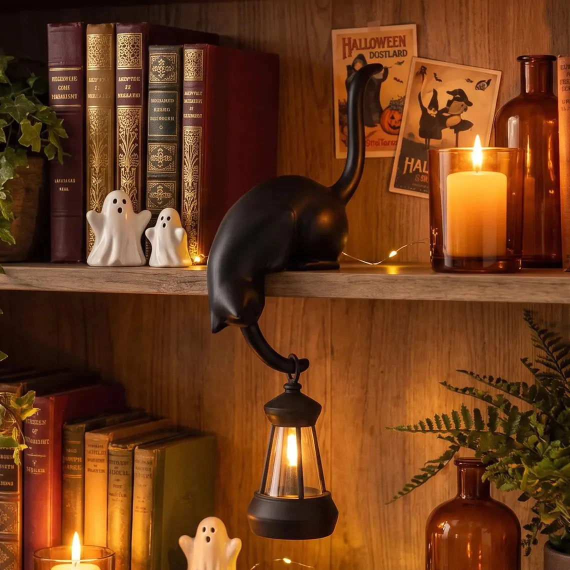 🐈‍Söt kattfigur till bokhyllan med LED-lampa – Söt dekoration till bokhyllan och praktisk nyckelhållare