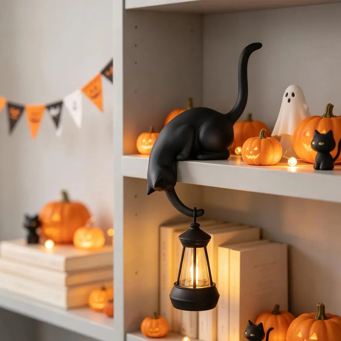 🐈‍Söt kattfigur till bokhyllan med LED-lampa – Söt dekoration till bokhyllan och praktisk nyckelhållare