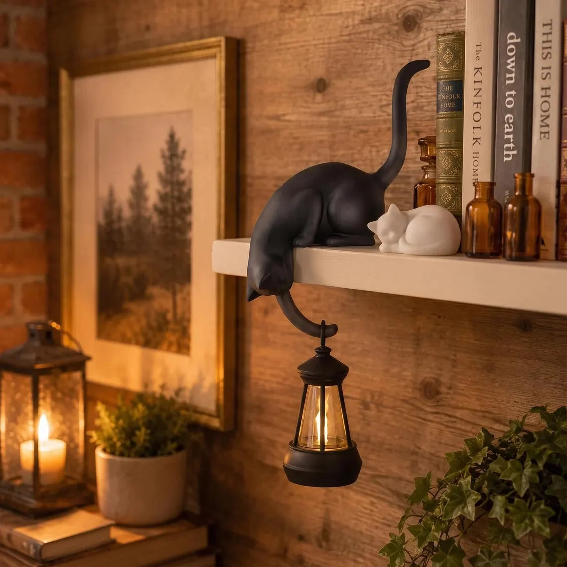 🐈‍Söt kattfigur till bokhyllan med LED-lampa – Söt dekoration till bokhyllan och praktisk nyckelhållare