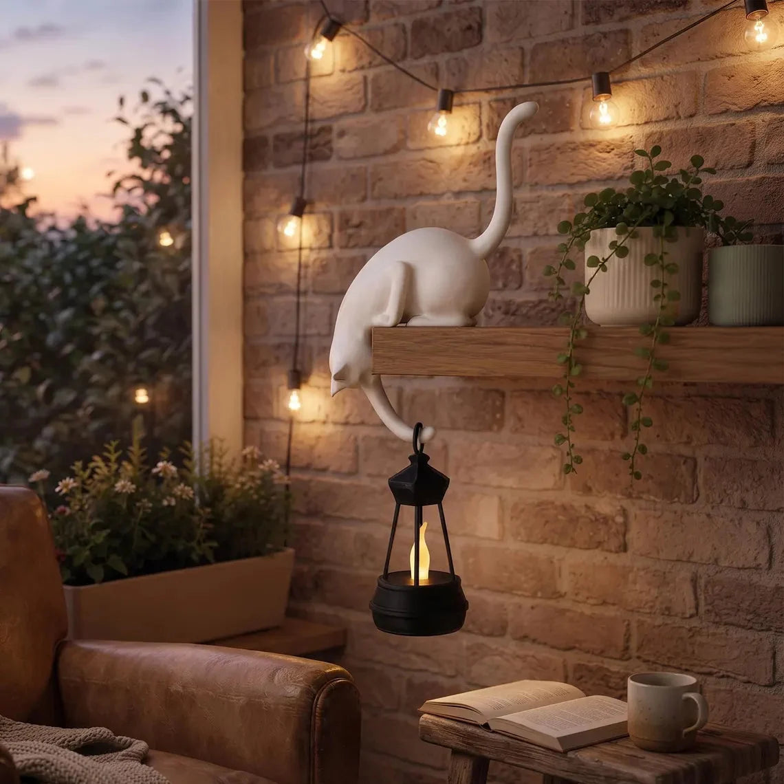 🐈‍Söt kattfigur till bokhyllan med LED-lampa – Söt dekoration till bokhyllan och praktisk nyckelhållare