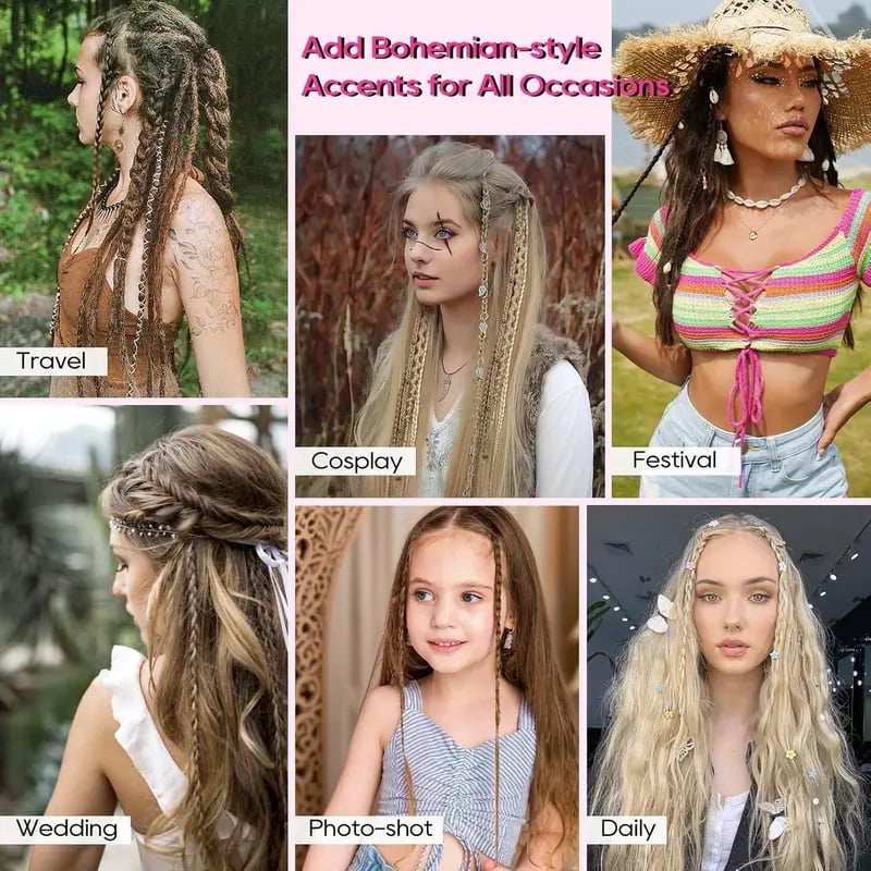 🌿🎨 Boho-flätor med pärlor och klämfäste – Enkel förvandling av frisyren för festivaler och vardagen (✨2 st.)