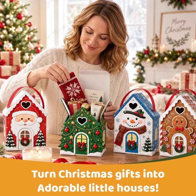 🏠 Presentask med ”Christmas Cottage”-handtag – festlig 3D-förpackning i form av ett hus för små godsaker