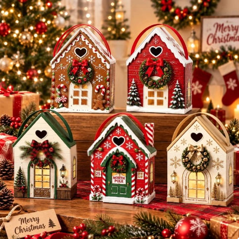 🏠 Presentask med ”Christmas Cottage”-handtag – festlig 3D-förpackning i form av ett hus för små godsaker