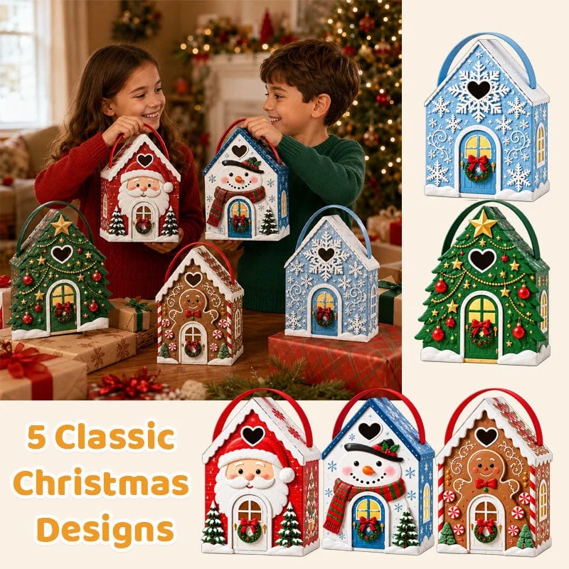 🏠 Presentask med ”Christmas Cottage”-handtag – festlig 3D-förpackning i form av ett hus för små godsaker
