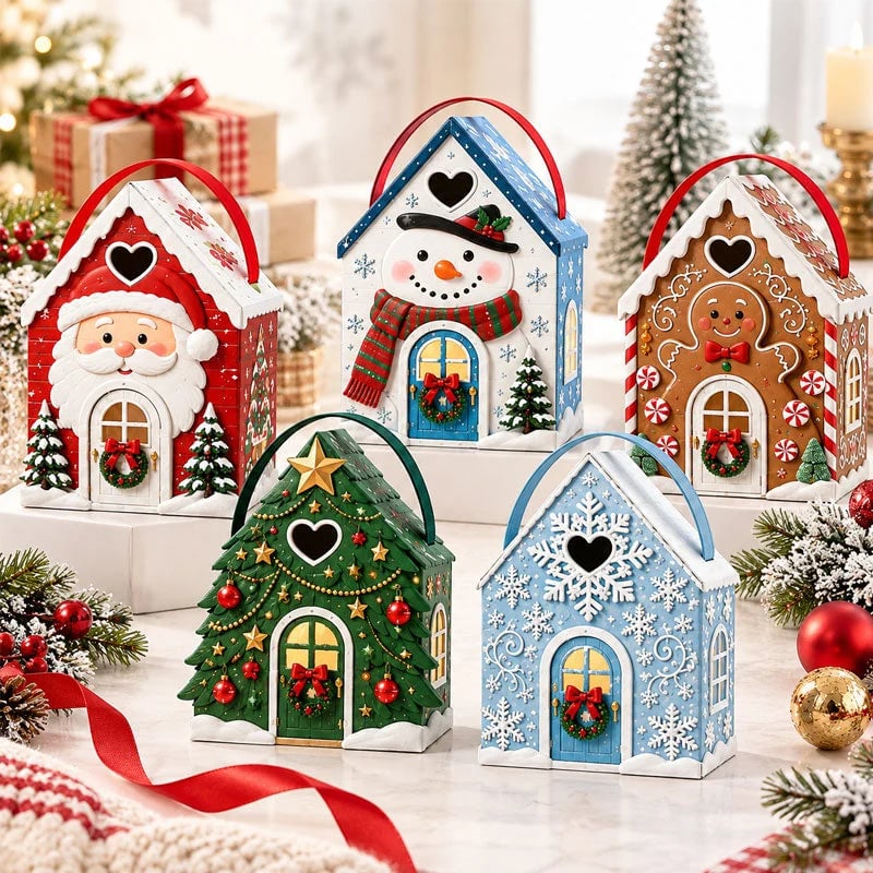 🏠 Presentask med ”Christmas Cottage”-handtag – festlig 3D-förpackning i form av ett hus för små godsaker