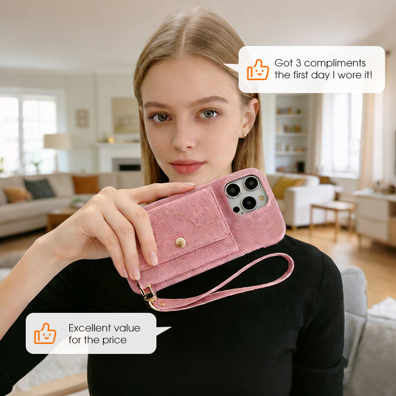 🔥Skyddande rosa mobilskal med spegel och handledsrem
