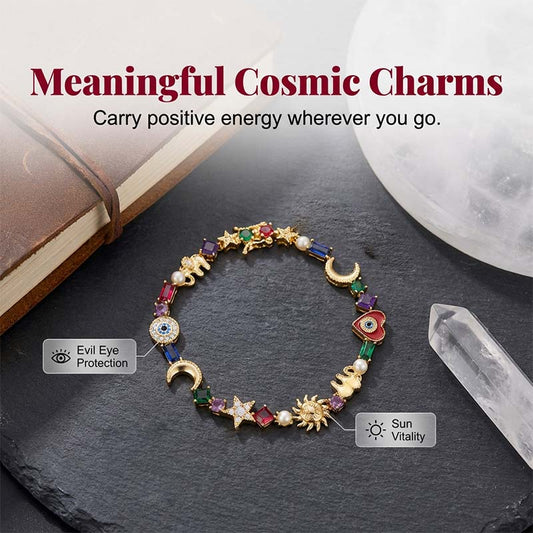 💫✨ Armband med himmelska symboler – sol, måne, stjärnor, flerfärgade kristaller